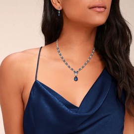 Ever Faith Gorgeous Banquet Jewelry Set Teardrop Round Cubic Zirconia January Birthstone Pendant Necklace Dangle Earrings Set for Women Blue Silver-Tone