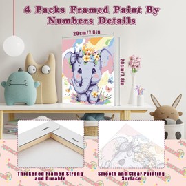 4 Pack Animal Paint by Number for Kids with Wooden Frame-Paint by Numbers for Kids Animals Ages 4-8-12,Easy Elephant Owl Giraffe Zebra DIY Acrylic Oil Painting Kits for Home Wall Decor(8X8inch)
