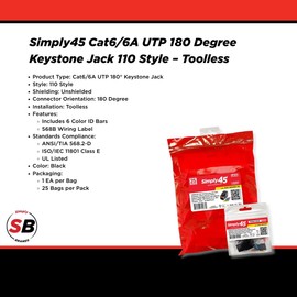 Simply45 Cat6/6A UTP 180 Degree Keystone Jack 110 Style - Black, 25-Pack - Toolless, w/6 Color ID, 568B Wiring Label, ANSI/TIA 568.2-D - S45-3600B-25