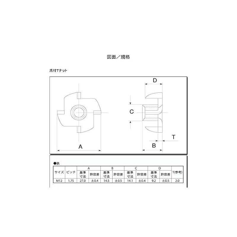 T-Nut Trivalent Uniqlo Plating with M12 Claws (Pack of 10)