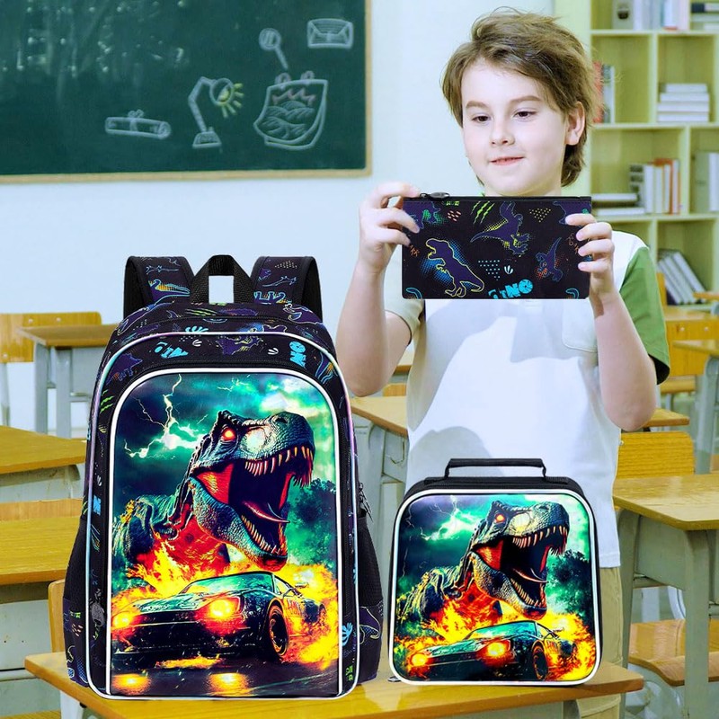 KLFVB 3PCS Dinosaur Bookbag for Boys Set, Water Resistant 16