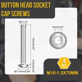 DTGN M10-1.5x75mm Button Head Socket Cap Screws - 10Pack - Good for Road Bicycle, Mountain Bike, Auto, Motorcycle - 304 Stainless Steel Whitewashed - Hex Drive Fasteners
