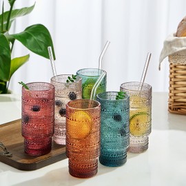 Khen Colored Vintage Art Deco Glasses - Martini, Margarita, Cocktail & Champagne Ribbed Glasses | Set of 6 | Cute Pastel Crystal Cocktails Glassware, Stemmed Glassware Gift - Hobnail Tumblers & Straws