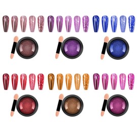 6 Colours Multicoloured Nail Chrome Powder, Metallic Crome Powder Nails with Gold, Pink, Green, Champagne, Blue and Silver, Chrome Powder Nails 0.5/Jar (Colours C, 6 Pieces)