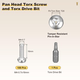 METALLIXITY Pan Head Torx Security Screw Bolts (M4-0.7x16mm) 100pcs, Button Torx Head Machine Screw 304 Stainless Steel with One Bit - for Furniture Woodworking Project, Silver Tone