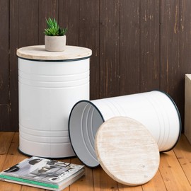 Glitzhome Rustic Storage Ottoman Seat Stool, Farmhouse End Table, Galvanized Dark Blue Rim Imitation Enamel Accent Side Table Toy Box Bin with Round Wood Lid for Living Room, Set of 2, White