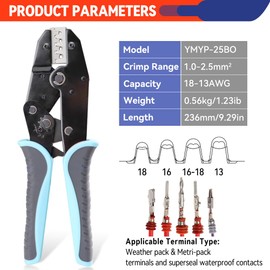 YMYP Crimping Tool for Delphi APTIV Weather Pack Terminals or Metri-Pack Connectors - AWG 18-13 (1.0-2.5mm²) with Chrome-Moly Steel Wire Cutting Jaw - One Cycle Crimping - Ratcheting Wire Crimper