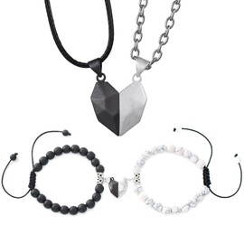 OIDEA Partner Bracelet with "I Love You" Heart Puzzle Necklace Set, Made of High-Quality Stainless Steel, Silver/Black, 4 Pieces for Couples, Stainless Steel
