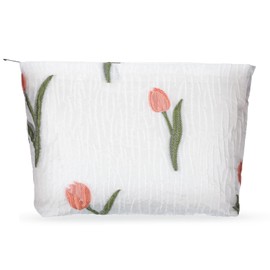 Makeup Bag Large Capacity Elegant Bow Preppy Cosmetic Bag Aesthetic Design Canvas Zipper Organizer Pouch Cute Roomy Pink Portable Toiletry Bag for Women Girls Travel Storage Accessories (White-Green)