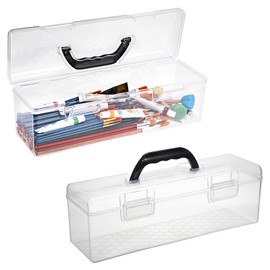 BTSKY 2 Pack Clear Plastic Painting Brush Container with Black Handle, Portable Long Paintbrush Case, Drawing Tools Storage Box, Practical Art Supply Organizer for Artist Crafters, 14"x4.7"x4.3"