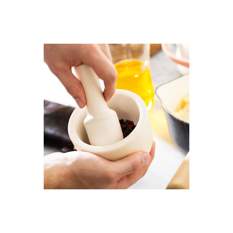 BergHOFF Leo Stoneware Mortar and Pestle with Cork Lid, White,