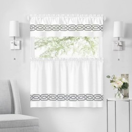 Achim Paige Tier and Valance Window Curtain Set - 55 Width, 24 Length, 1.5 Inch Rod Pocket - White - Soft Light Filtering Fabric with Geometric Embroidered Pattern & Machine Washable Home Décor