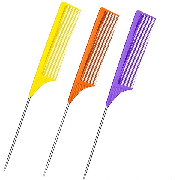 3 Packs Rat Tail Comb Fiber Teasing Combs Rat Tail Lifting Combs Styling Combs，carbon fiber heat-resistant anti-static comb with stainless steel tail, used in hair salons or household products (Yellow, orange, purple)