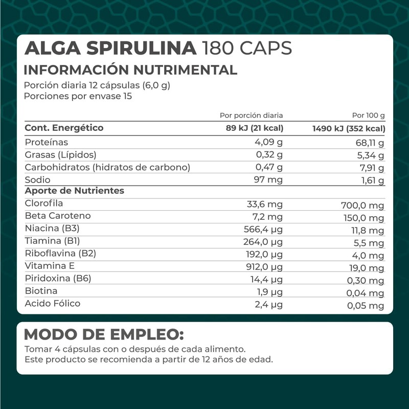 PRONAT | Alga Spirulina 100% Pura, Suplemento Alimenticio, 180 cápsulas