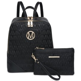 MKP Women Fashion Double Zipper Medium School Backpack Purse PU Leather Ladies Travel Shoulder Bag Set 2Pcs backpackeyes - Color: Black-1