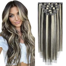 Aison Clip in Hair Extensions Dark Brown Mixed Bleach Blonde Highlight Hair Extensions 70G/7Pcs Soft Silky Straight 16clips Real Human Hair Extensions(18 Inch #2P613)