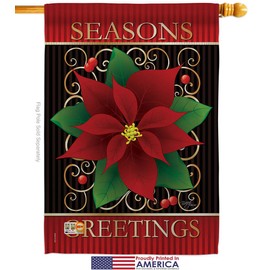 Breeze Decor Christmas Seasons Greetings Poinsettia House Flag Winter Santa Marry Xmas Present Reindeer Season Wintertime Snow Small Decorative Gift Yard Banner Made in USA 28 X 40