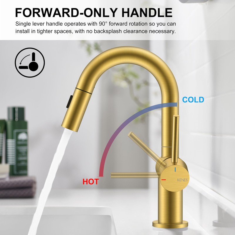 KENES Brushed Gold Single Handle Bathroom Faucet with Pull Out