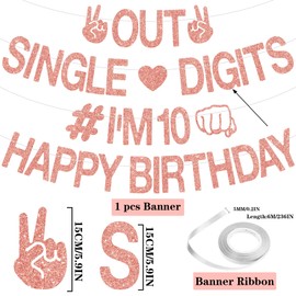 VeyoCraft 10th Birthday Decorations for Girl - Rose Gold Out Single Digits I'm 10 Happy Birthday Banner, in My Double Digits Era Decor for 10 Years Old Girls Party Supplies