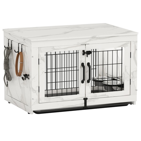 Piskyet Wooden Dog Crate Furniture with 360°Rotatable Removable Dog Bowls,