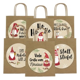 6 Gift Bags for St. Nicholas Day, 18 cm x 22.5 cm x 8 cm, with XXL Stickers, Packaging for St. Nicholas Day, Bags with Handle, Gnome Motif (May Be in German)