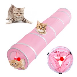 Yuehuamech Cat Tunnel Large Folding Cat Crinkle Tunnel with Ball and Hole Cat Tube Tunnel for Kitten Rabbits Bunnies Puppy Exercising Hiding Training Running Playing(pink)