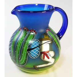 Mexican Glass Margarita or Iced Tea Pitcher, Hand Painted Pancho (a Jimador, who creats tequila) with Pina, Agave and Saguaro Cactus