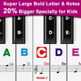Piano Keyboard Stickers for Beginners Removable Piano Stickers for keys 88/61/54/49/37, Colorful Larger Letter Key Note Stickers for Kids Learning Piano, Upgraded with Solfege