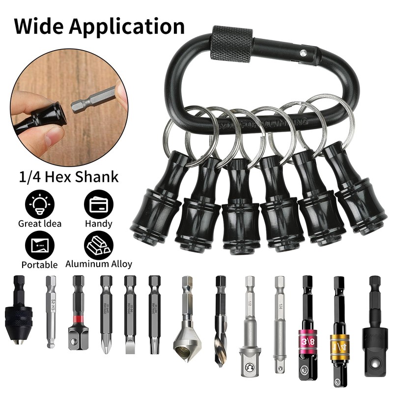 Upgrade 6 Pcs Bit Holder Keychain with Black Carabiner, 1/4
