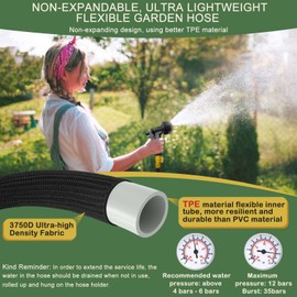 Garden Hose 75 ft, Non-Expandable Flexible Water Hose with 10 Function Spray Nozzle, Lightweight, Leak Proof, Kink-Free, Portable Hose for Outdoor, Yard, Lawn, High-Density Fabric, Black Grey