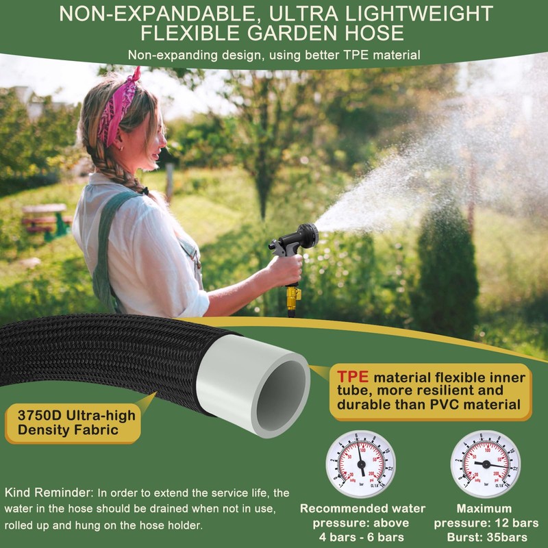 Garden Hose 75 ft, Non-Expandable Flexible Water Hose with 10