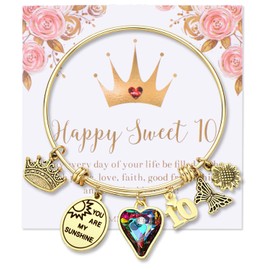 10 Year Old Birthday Bracelet Gifts 10th Birthday gifts for Daughter Granddaughter Niece Sister Happy Age 10 Year Old Birthday Ideas for her 14k gold Plated Charm Bracelets Bday Presents Favors