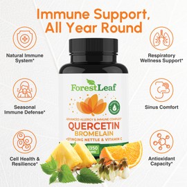 ForestLeaf Quercetin with Bromelain 1350mg - Blend with Vitamin C & Stinging Nettle Supplement, Quercetin 500mg Capsules, Non-GMO Gluten Free, Natural Function, 90 Veggie Caps