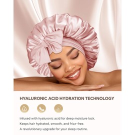 Silk Bonnet for Sleeping Women Hyaluronic Acid Satin Bonnet with Adjustable Tie Band Double Layer Hair Bonnets Protection for Curly Hair, Cream Pink