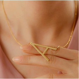 HSWYFCJY Sideways Initial Necklace Gold Capital Alphabet A-Z Necklace Stainless Steel Big Letter Pendant Necklace Monogram Necklaces for Women Girls Gifts (Gold M)