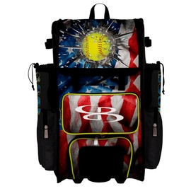 Boombah Superpack Hybrid Rolling Bat Bag - Wheeled & Backpack Version - USA Softball Grand Slam Black/Red/Optic Yellow