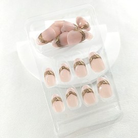 Light Pink French Tip Press on Nails Short Oval False Nails Gold Irregular Lines Design Acrylic Glue on Nails Round Fake Nails Nude Glossy Artificial Stick on Nails for Women 24Pcs