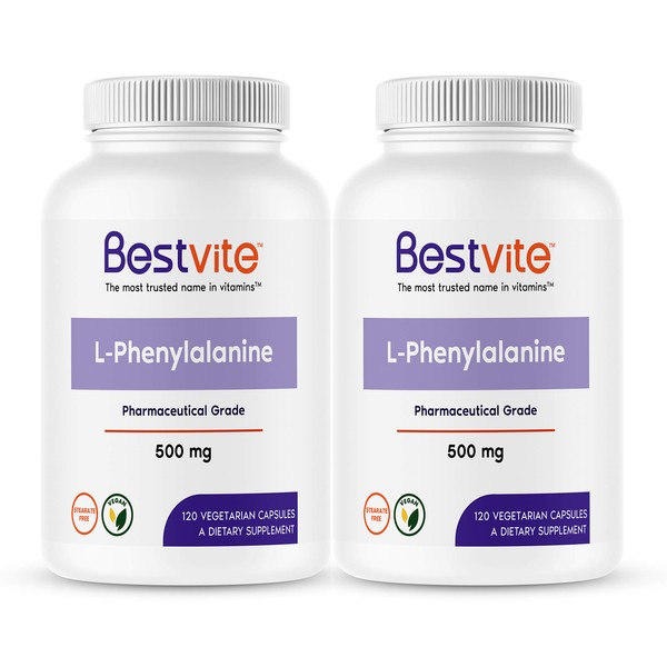 BESTVITE L-Phenylalanine 500mg (240 Vegetarian Capsules) (2-Pack) - No Stearates - Vegan - Gluten Free - Non GMO