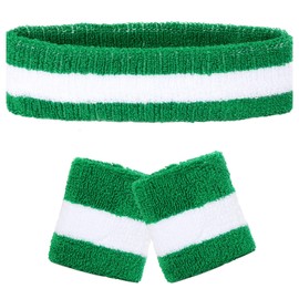 Set of 3 Sweatbands Headband Bracelets Retro Neon 80s 90s Outfit Sports Carnival Accessories (Green White Green)