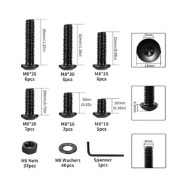 115 Pcs M8 Screws Assortment Kit, Metric Nuts and Bolts Assortment Kit, Hex Socket Button Head Cap Screw Bolts and Nuts Kits, Hex Socket Screw Set, Machine Screws Set, with Spanner(Black)