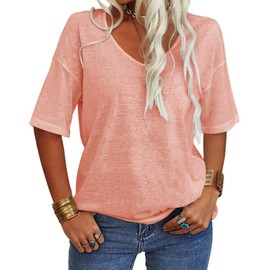 Tankaneo Women's 3/4 Sleeve Shirts V Neck Loose Fitting Tops Casual Solid Color Tshirts Trendy Basic Tunic Summer Ladies Tops Dark Pink