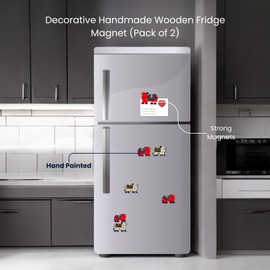 The Unltd India Decorative Handmade Fridge Magnets, Cute Hand Painted Small Magnets for Whiteboard, Office, Refrigerator, Wooden Cow Painted Magnet for Kitchen Decor (Pack of 2, Red and White)