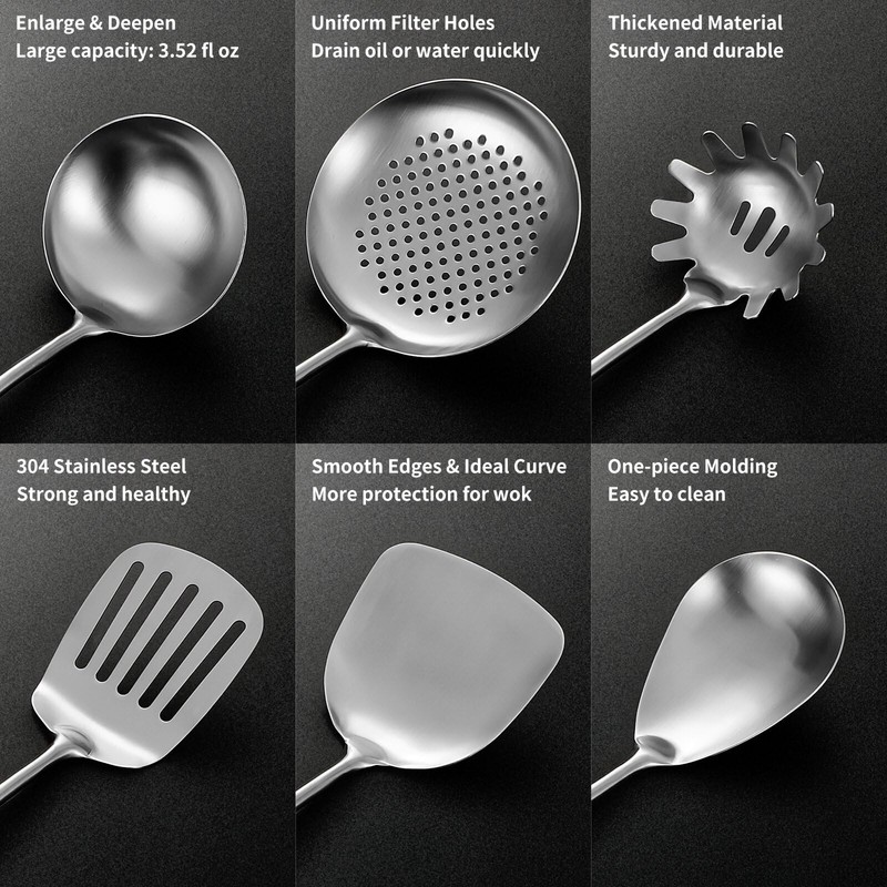 Stainless Steel Kitchen Utensils Set with Wood Handle, 18/10 Metal