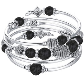 BULINLIN Turquoise Beaded Chakra Bangle Bracelet, Silver Layered Jewellery Wrap Bracelet with Natural Stone Birthday Gift for Women(Lava stone)