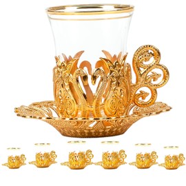 PARK & OZ Turkish Tea Cups for 6 - Nestled in Swan Holders - Otoman Motif Saucers Tea Coffee Cup Set with Saucer Rimmed Glasses