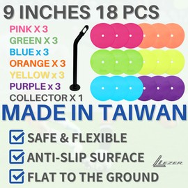 LEZER 9 Inch Flat Cones, Spot Markers, Soccer Cones, Field Court Markers, Sit Spots, Flat Discs, Soccer Training Equipment, Agility Practice, Football, Made in Taiwan, Set of 18