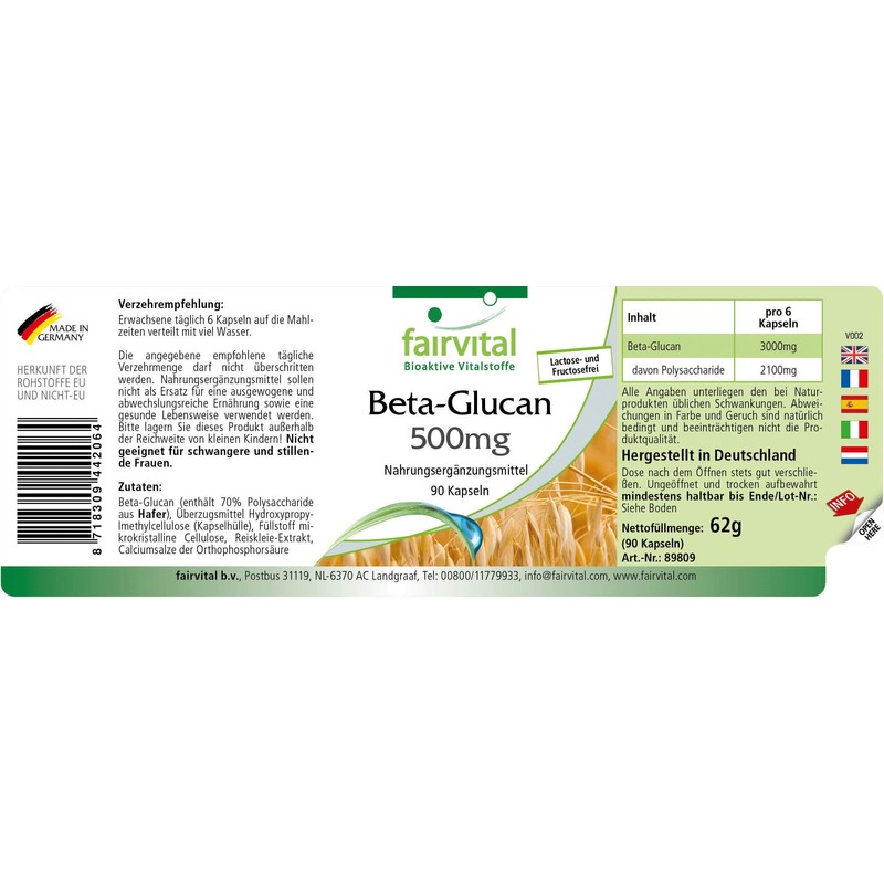 Fairvital Beta Glucan Capsules - 90 Capsules - 500mg Beta-Glucans