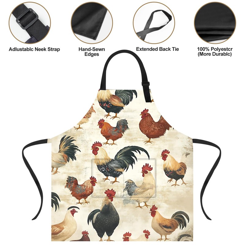 ANNA QUEEN Rooster Apron for Women Men with Pockets, Adjustable