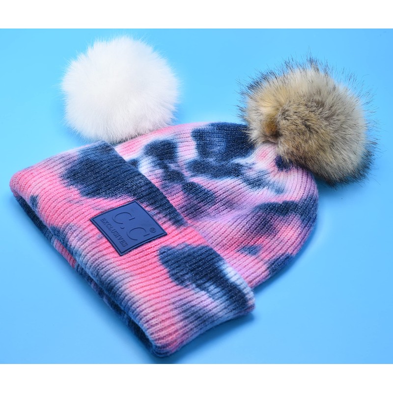 C.C Beanie Interchangeable Matching Pom and Natural Pom Cuffed Winter