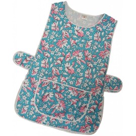 Womens Floral Home Work Tabard Apron with Single Large Front Pocket, White Piping and Side Fastening Button Tabs